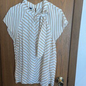 Talbots Tie Neck Chevron Stripe Cap Sleeves Keyhole Button Back Silky Blouse-L